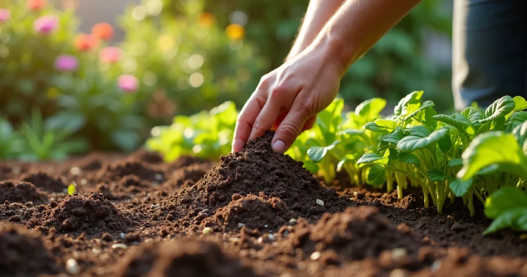 Jardineiro corrigindo solo com adubo orgânico em canteiro de plantas verdinhas