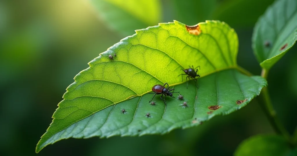 Close-up de folha verde com pequenos pontos e marcas indicando pragas invisíveis nas folhas
