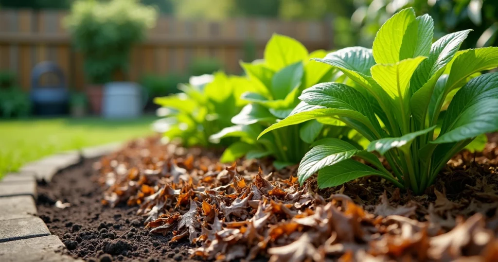 Jardim com solo coberto por cobertura morta de folhas secas ao redor de plantas verdes